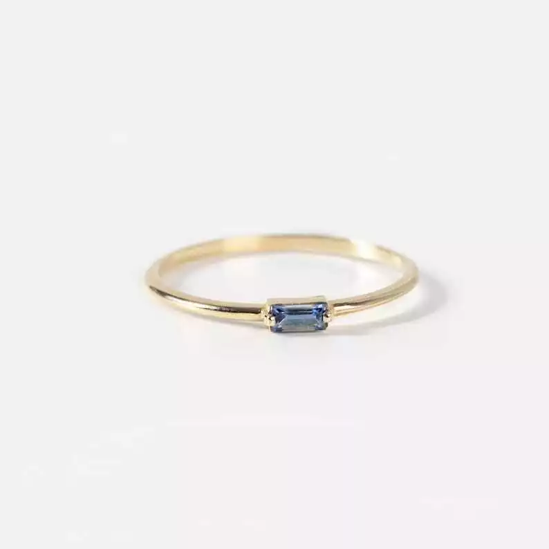 Silver Ring Blue Sapphire Ring Baguette 925 Solid Gold Stackable Thin 
