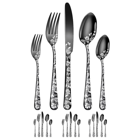 silverware Stainless Steel Silverware Set Mirror Polished Cutlery Flatware Service + Beautiful Flower Pattern Kitchen Restaurant Party