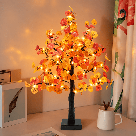 simeccom Artificial Fall Decorations for Home, 24 Inch 55 LED Artificial Fall Maple Leaves Table Tree Lights Indoor Home Wedding Harvest Autumn Thanksgiving Decor
