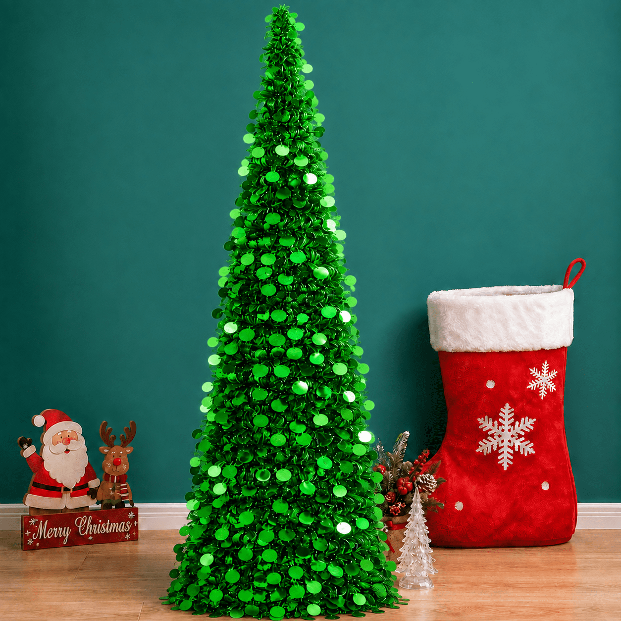 simeccom Christmas Tree Artificial Xmas Tree, 5 Ft Pop Up Tinsel Trees ...