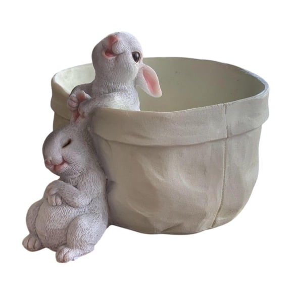 simhoa Flower Pot Plant Pot with Bunny Statue Photo Prop Handmade Tabletop Ornament A