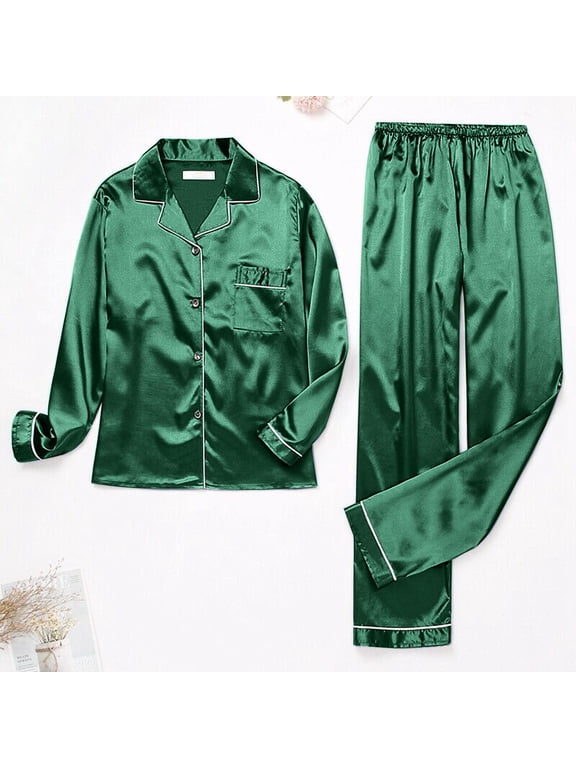 2 Piece Long Sleeve Pajama Set for Women Button Down Sleepwear with Chest Pocket Notch Collar Soft Breathable Loungewear Elastic Waist Pants Comfy Pjs S-XXL, Green,XXXL