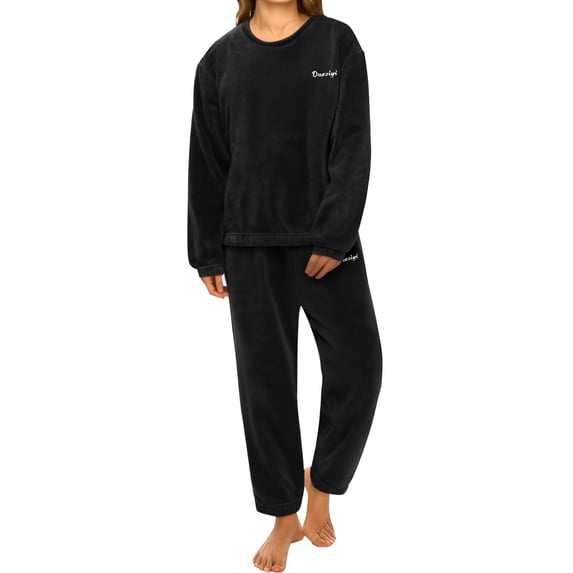 siminsem 2 Piece Loungewear Set for Women Coral Fleece Flannel Sleepwear Winter Warm Thick Oversized Long Sleeve Pjs Cozy Soft V-Neck Top Elastic Waist Pants Gift for Her, Black,XL