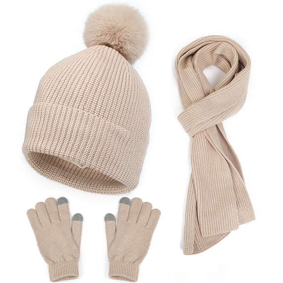 siminsem 3 Piece Winter Hat Scarf Gloves Set for Men and Women - Fleece Lined Slouchy Beanie Knit Cap with Long Infinity Scarf & Touchscreen Gloves, Cold Weather Outdoor Set, Beige,One Size