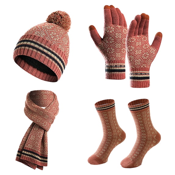 siminsem 4 Piece Winter Set for Women Knitted Beanie Hat Scarf Touchscreen Gloves Warm Socks Earmuff Fleece Lined Thick Cold Weather Accessory Set Holiday Gift for Her, Wine,One Size