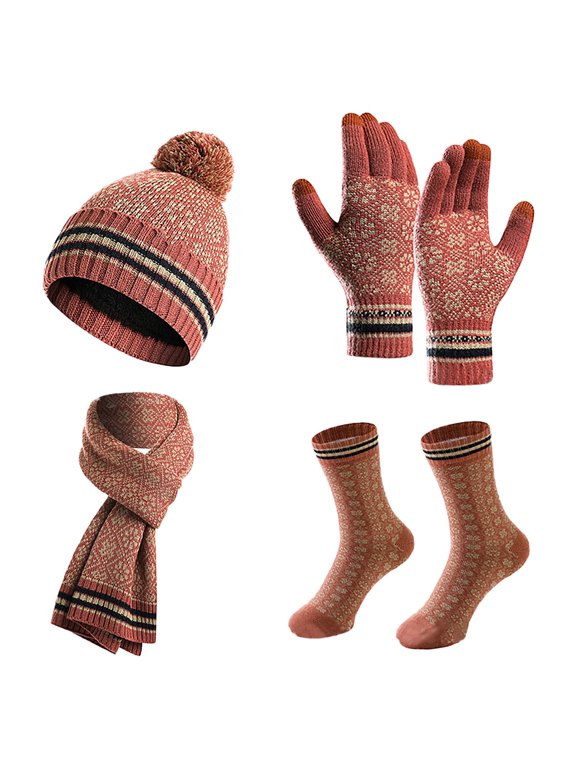 4 Piece Winter Set for Women Knitted Beanie Hat Scarf Touchscreen Gloves Warm Socks Earmuff Fleece Lined Thick Cold Weather Accessory Set Holiday Gift for Her, Wine,One Size