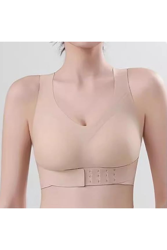 Breathable Posture Correction Bra for Women, Front Closure Back Support Bra with X Shape, Full Coverage Wireless Corrective Support Bra for Large Bust, Beige,L