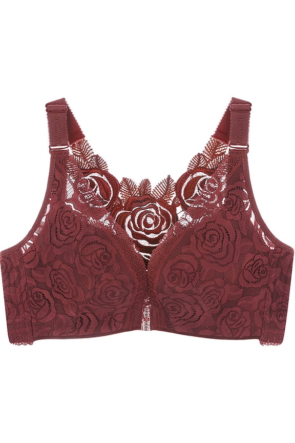 Busty Plus Size Front Closure Bra Wireless Lace, Full Coverage No Underwire Bralette Short Sleeve, Wide Side Supports for Side Boob with Racerback, Wine,80AB