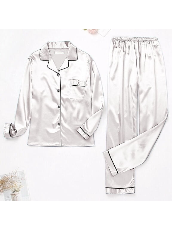 Button Down Pajama Set for Women Long Sleeve Soft Sleepwear with Chest Pocket Two Piece Lounge Set Elastic Waist Drawstring Pants Lightweight Comfy Pjs S-XXL, White,L