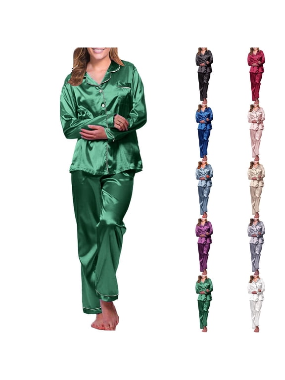 Button Down Pajama Set for Women Long Sleeve Soft Sleepwear with Chest Pocket Two Piece Lounge Set Elastic Waist Drawstring Pants Lightweight Comfy Pjs S-XXL, Green,L