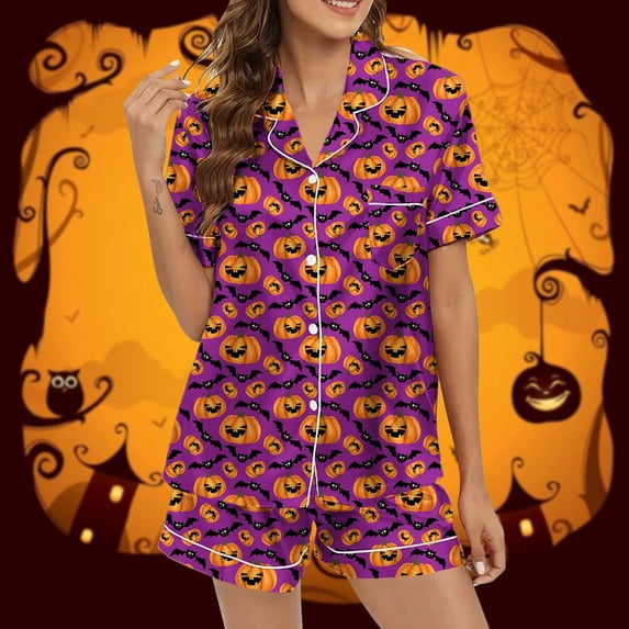 siminsem Button Down Short Sleeve Satin Pajama Set for Women Graphic Printed Top with Matching Shorts 2 Piece Cute Sleepwear Loungewear Comfortable Outfit, Purple,XL