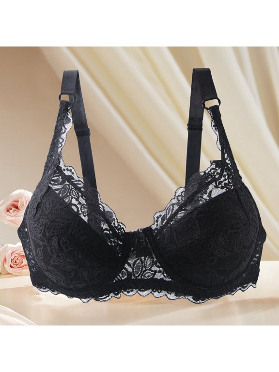 Casual Lace Bra for Women Thin Padded Wirefree Lightweight Padded Bra Breathable Everyday Bra Wireless Lace Bra for Large Size, Black,80E