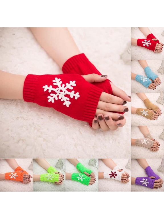 Christmas Gloves for Women Half Finger Knitted Warm Touchscreen Gloves Snowflake Embroidered Winter Texting Typing Gloves Stocking Stuffers Holiday Gift for Her, Red,A