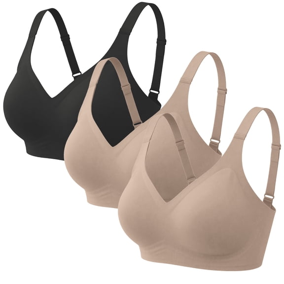 siminsem Comfortable Wireless Bras for Women Seamless 3 Pack - Full Coverage Soft Everyday No Show Bra No Underwire - Breathable T Shirt Bra with Removable Pads, V,XL