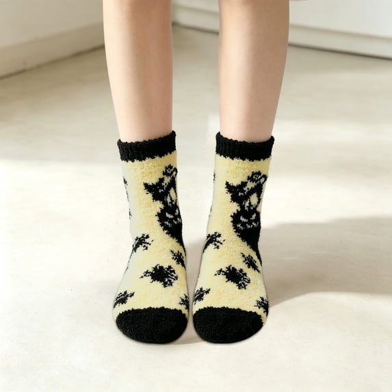 siminsem Coral Fleece Socks Women Cute Ghost Fuzzy Mid Calf Socks Halloween Spooky Season Cozy Home Sleeping Socks Warm Fluffy Slipper Socks, Yellow,One Size