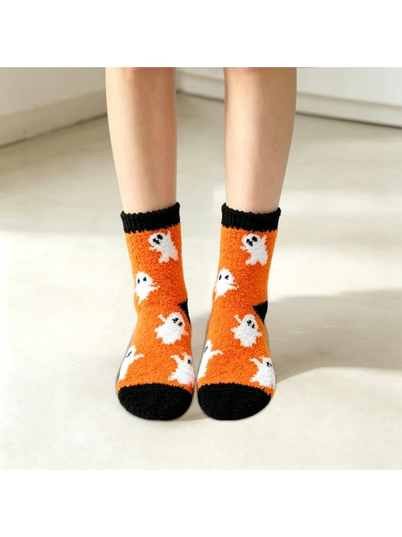 Cute Ghost Fuzzy Socks Women Halloween Coral Fleece Mid Calf Socks Spooky Season Cozy Home Sleeping Socks Warm Fluffy Slipper Socks, Orange,One Size