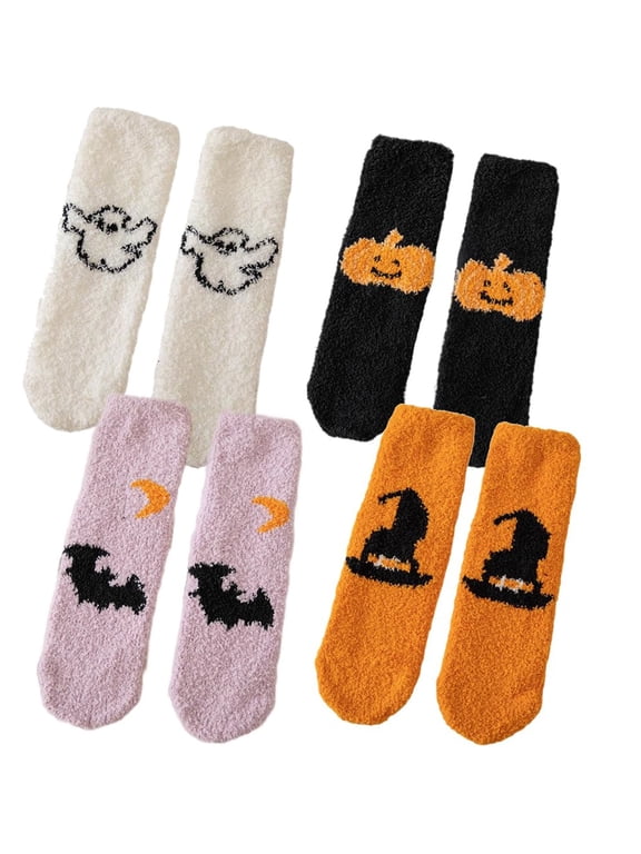 Cute Halloween Pumpkin Bat Socks for Women 4 Pack Funny Cartoon Novelty Crew Socks Winter Fluffy Cozy Stockings Gift for Men Women, White,One Size