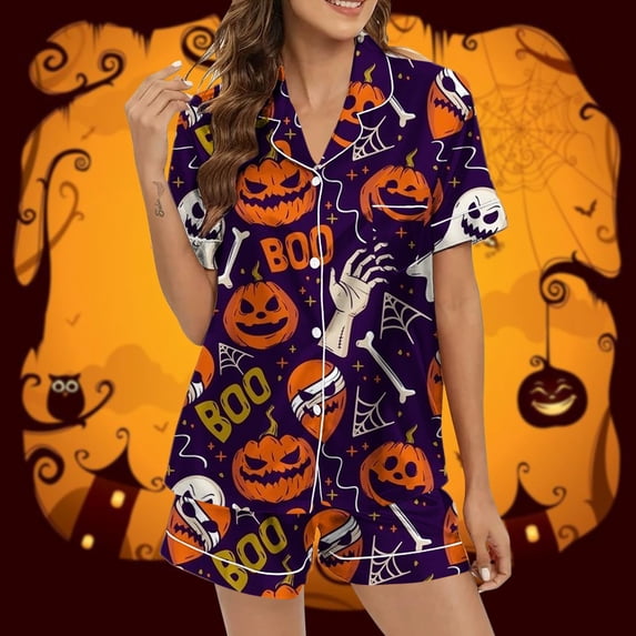 siminsem Cute Satin Pajama Set for Women Graphic Print Short Sleeve Button Down Top with Matching Shorts 2 Piece Sleepwear Loungewear Lounge Shorts Set, Dark Purple,XXL