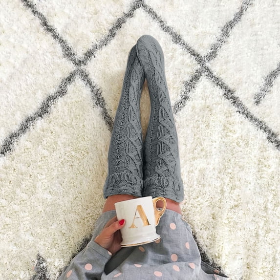 siminsem Extra Long Thigh High Socks for Women Over The Knee Cotton Knit Warm Winter Boot Stockings - Thick Cable Knit Leg Warmers for Ladies Stretchy One Size Non Slip Gift Socks, Grey,One Size