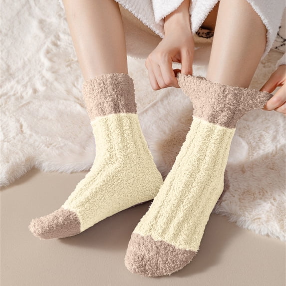 siminsem Extra Thick Coral Fleece Socks for Women Warm Fuzzy Home Sleeping Socks - Soft Cozy Non Slip Mid Calf Winter Socks Comfy Fluffy Slipper Socks Multi Pack Gift Ladies, Light Yellow,One Size