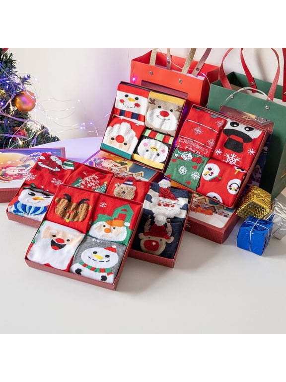 Festive Patterned Christmas Socks Gift Set 4 Pairs Unisex Cotton Crew Socks Holiday Stocking Stuffers Funny Novelty Socks for Women Men Secret Santa Gifts, D,One Size