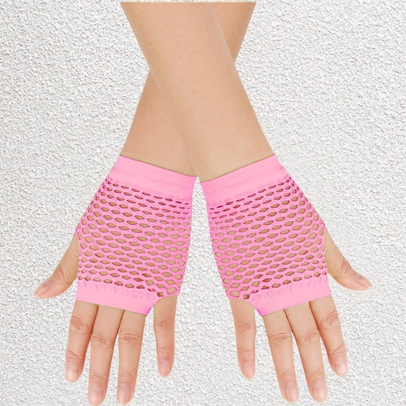 siminsem Fingerless Fishnet Gloves for Women Short Mesh Arm Sleeves Stretchy Punk Rocker 80s Scene Costume Accessories for Halloween Rave Goth Emo Party, Pink,One Size
