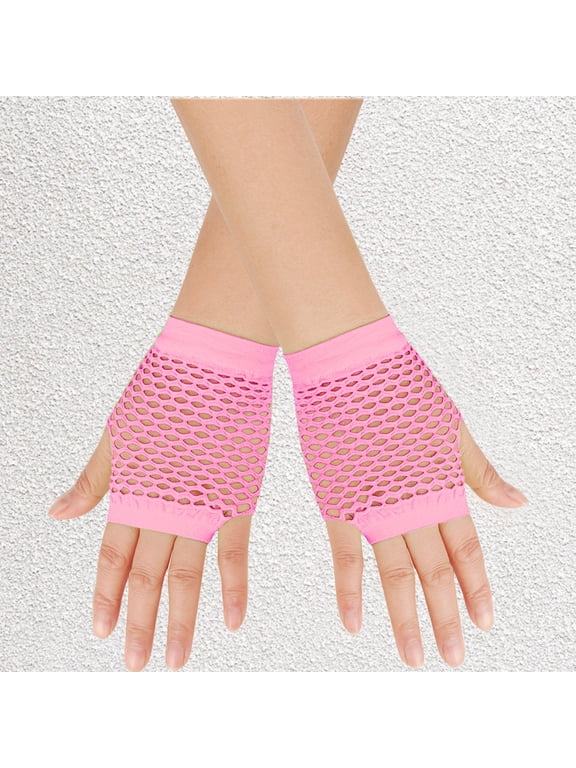 Fingerless Fishnet Gloves for Women Short Mesh Arm Sleeves Stretchy Punk Rocker 80s Scene Costume Accessories for Halloween Rave Goth Emo Party, Pink,One Size