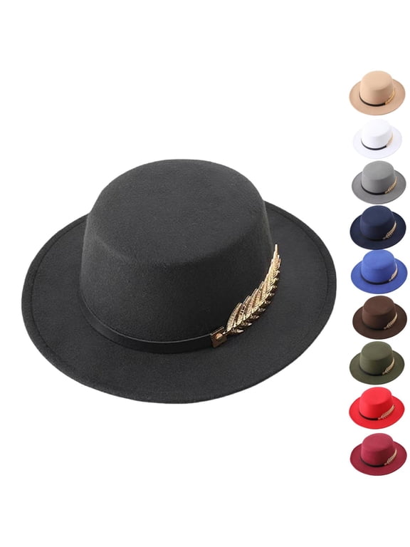 Flat Top Wide Brim Fedora Hat for Women Wool Felt Jazz Cap with Ribbon Bowler Boater Hat Autumn Winter Church Party Dress Hat for Ladies 1 Pack, Black,One Size