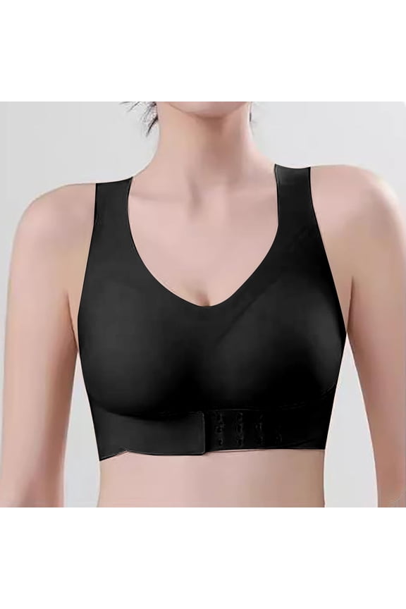Front Closure Back Support Bra for Women Plus Size, Breathable Posture Correction Bra with X Shaped Back, Wireless Support Bra for Seniors Full Coverage, Black,XL