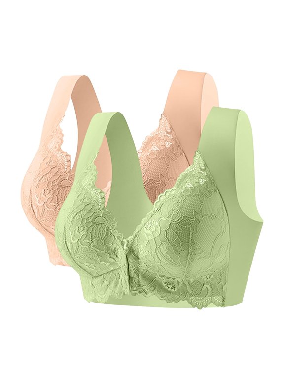 Front Closure Bras for Women Plus Size, 2 Pack Wireless Bralette No Underwire Lace Sleep Bra for Everyday Wear, Comfort Front Snap Lounge Bra with Stretch Band, Y,L