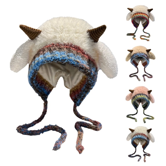 siminsem Funny Horn Beanie Hat for Women Men Cute Winter Warm Fleece Lined Plush Knit Cap with Ear Flaps Novelty Animal Horn Hat Cold Weather Outdoor 1 Pack, White,One Size
