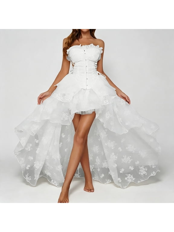 Gothic Corset Dress Set Women Halloween, Strapless Lace Corset Top Floral Tulle High Low Skirt Masquerade Party Queen Dress Up Outfit, White,XL
