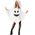 thumbnail image 1 of siminsem Halloween Adult Ghost Poncho, White Hooded Cape with Jagged Grin Face Print, Spooky Outfit for Women Men Party Dress Up, Blue,90*160, 1 of 3