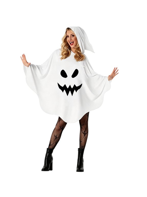 Halloween Adult Ghost Poncho, White Hooded Cape with Jagged Grin Face Print, Spooky Outfit for Women Men Party Dress Up, Blue,90*160