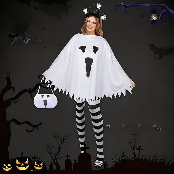 siminsem Halloween Ghost Poncho Cape for Adults, White Screaming Face Print Pullover with Jagged Hem Easy Wear Outfit Party Dress Up, Beige,One Size