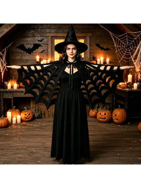 Halloween Lace Spider Web Cape Shawl for Women, Sheer Cobweb Wrap Gothic Witch Accessory Party Dress Up, Black,One Size