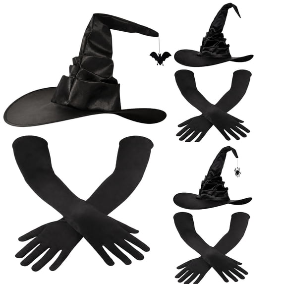 siminsem Halloween Ruched Witch Hat for Women with Long Gloves Oversized Wide Brim Pointed Cone Witches Hats Adult Accessory Set for Party Cosplay Masquerade, Black,One Size