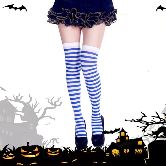 siminsem Halloween Striped Socks for Women Over The Knee Thigh High Black White Witch Stockings Cosplay Party Dress Up Accessories Stretchy Knit One Size 1 Pair, Sky Blue,One Size