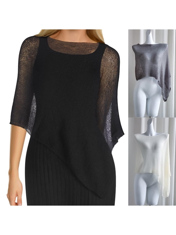 Irregular Hem Ice Silk Shawl for Women Lightweight Knit Cape Cardigan Open Front Loose Drape Wrap Sun Protection Cover Up Summer Beach Air Conditioning Top, Black,One Size