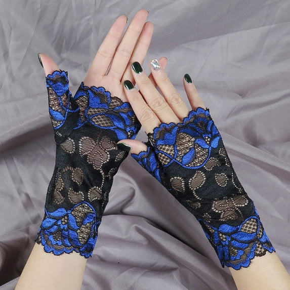 siminsem Lace Short Fingerless Gloves for Women Breathable Half Finger Open Gloves - Fashion Stretchy Driving Sunscreen Gloves with Lace Trim for Summer Car One Size Gift, Blue,One Size