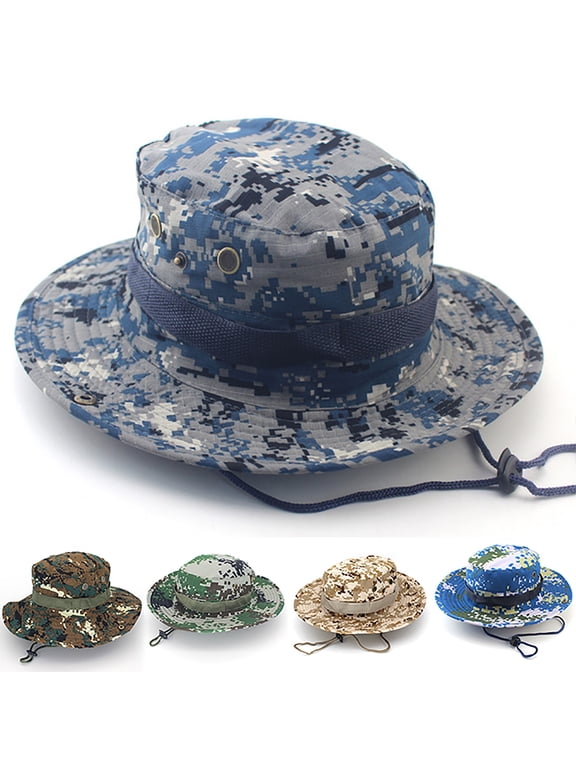 Men Camouflage Boonie Hat Adjustable Wide Brim Sun Hat UPF 50+ Lightweight Breathable Outdoor Fisherman Bucket Hat with Chin Strap for Hiking Fishing Hunting Camping Safari, Blue,One Size