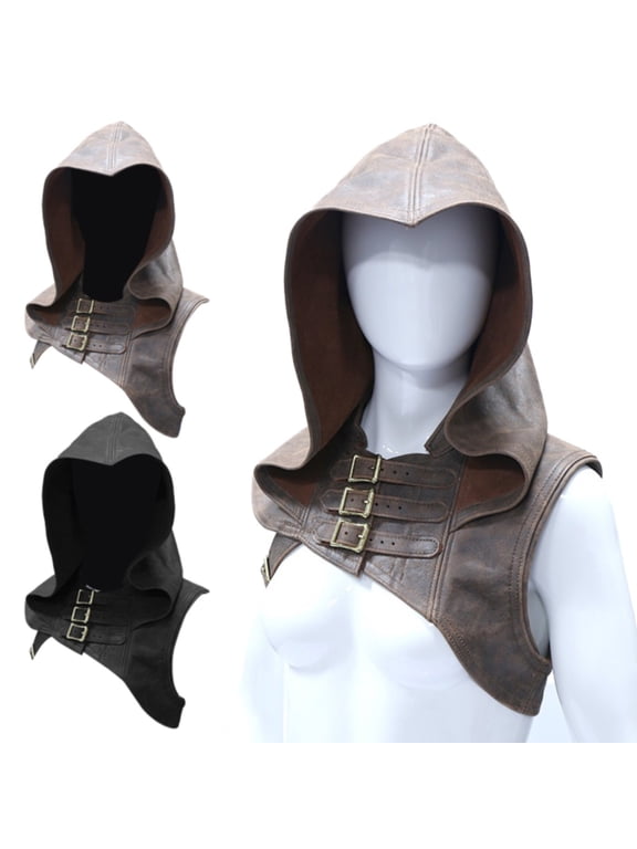 Men Women UniRetro Punk Hooded Cap Button Closure Windproof Gothic Streetwear Hat for Cosplay Halloween Party Outdoor Daily Wear 1 Pack, Brown,L