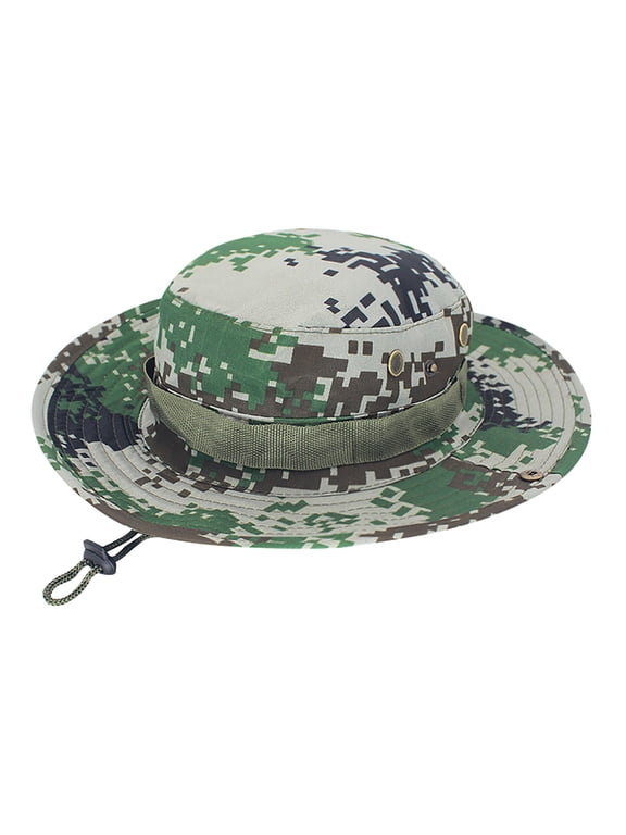 Men‘s Camouflage Fisherman Hat Adjustable Wide Brim Boonie Sun Hat UPF 50+ Breathable Lightweight Outdoor Bucket Hat with Chin Strap for Hiking Fishing Hunting Camping, Green,One Size
