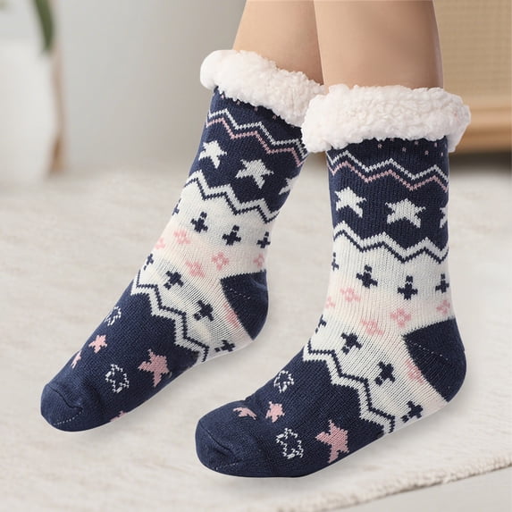 siminsem Non-Slip Fuzzy Slipper Socks for Women with Grippers Christmas Warm Cozy Fluffy House Socks one Size Soft Plush Winter Gift for Her Stocking Stuffer, Navy,One Size