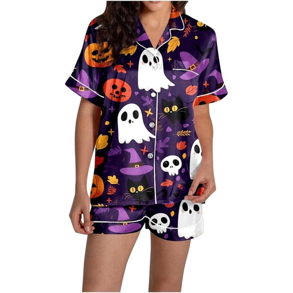 siminsem Plus Size Halloween Loungewear Set for Women Short Sleeve Button Down Sleep Top with Pumpkin Graphic Print and Matching Soft Shorts Casual Two Piece Pjs, Purple,XL