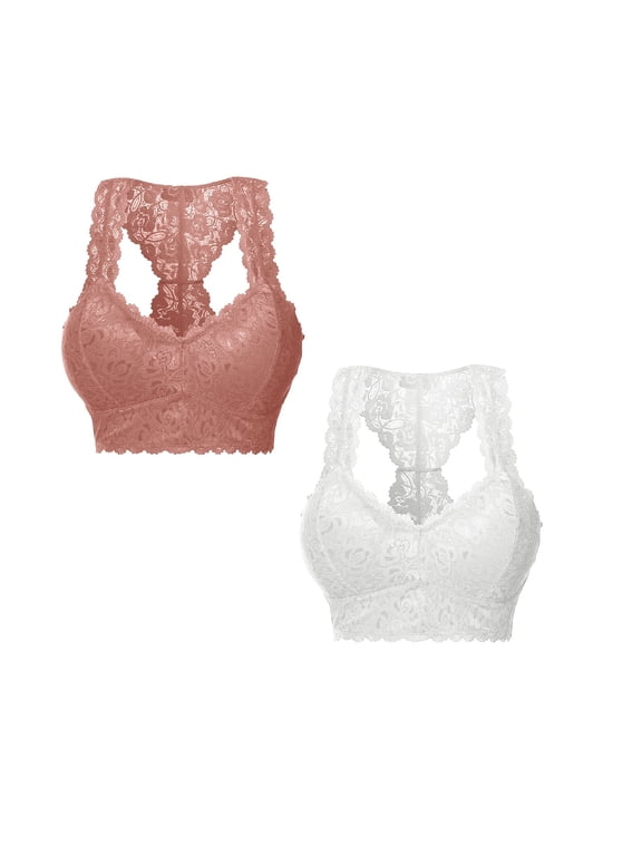 Plus Size Wire Bra for Women Push Up, 2 Pack Underwire Bra Plus Size Full Coverage, V Neck Crop Top Lace Bra Sexy Deep V Adjustable Straps S-3XL, Pink,L