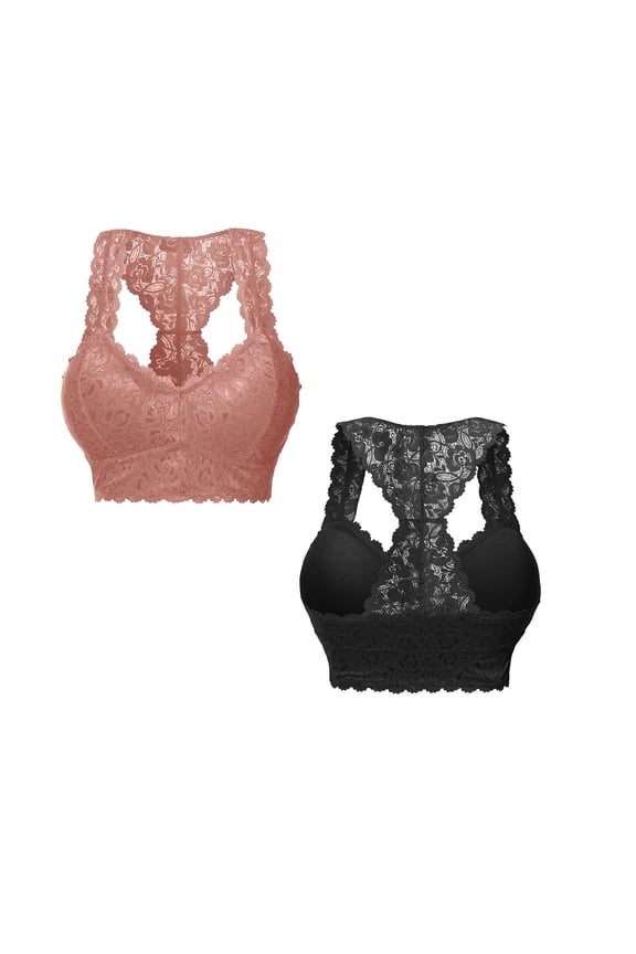 Plus Size Wire Bra for Women Push Up, 2 Pack Underwire Bra Plus Size Full Coverage, V Neck Crop Top Lace Bra Sexy Deep V Adjustable Straps S-3XL, RD1,L