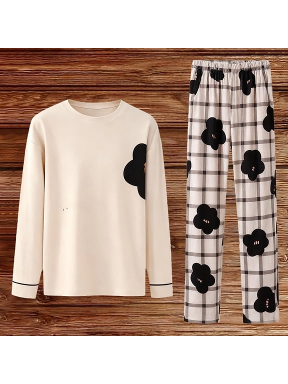 Printed Fleece Pajama Set for Women Long Sleeve Sleepwear Top and Pants Soft Warm Loungewear 2 Piece Cozy Winter Nightwear with Adjustable Waist Comfy Pjs S-XXL, Khaki,XXL