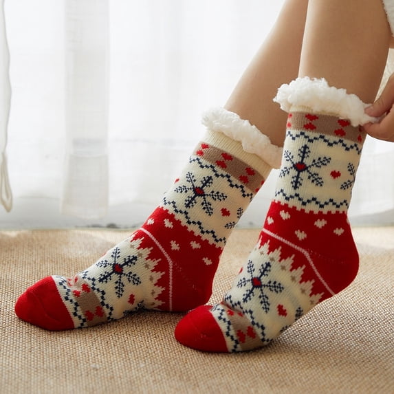 siminsem Printed Floor Socks for Women Christmas Thick Cotton Carpet Crew Socks Warm Cozy Novelty Holiday Stockings Soft Breathable Winter Socks Stocking Stuffers Gifts for Her, Red B,One Size