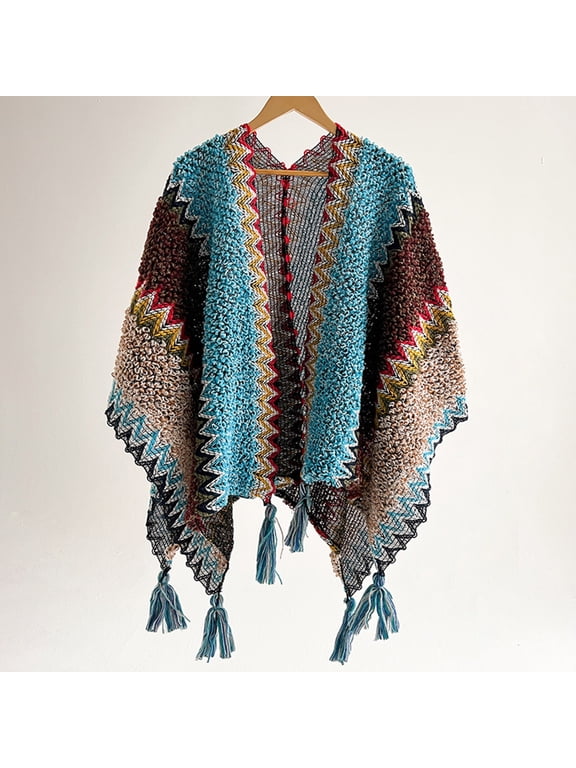 Retro Split Tassel Scarf Shawl for Women Thick Knitted Warm Wrap Fall Winter Chunky Fringed Shoulder Cape Lightweight One Size, Sky Blue,One Size